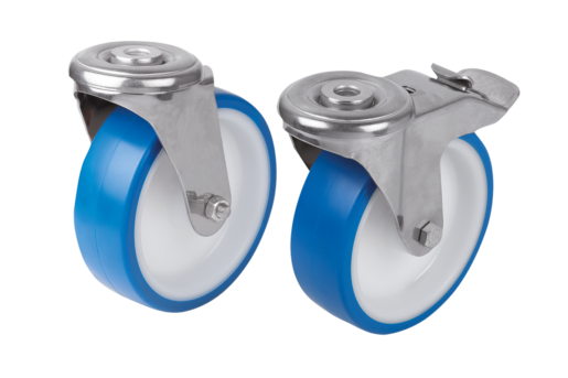 Roulettes pivotantes en Inox avec trou de fixation central pour locaux sanitaires