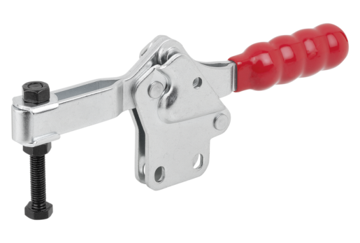 Toggle clamps horizontal with straight foot and adjustable clamping spindle