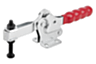 Toggle clamps horizontal with flat foot and adjustable clamping spindle