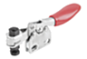 Toggle clamp mini, horizontal with straight foot and adjustable clamping spindle
