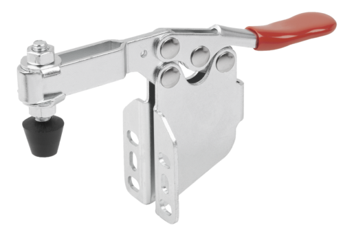 Toggle clamp horizontal with angled foot and adjustable clamping spindle