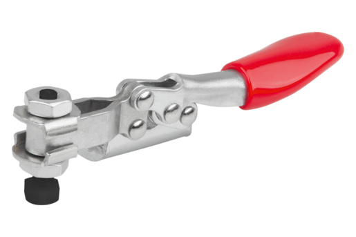 Toggle clamp mini, horizontal with horizontal foot right and adjustable clamping spindle