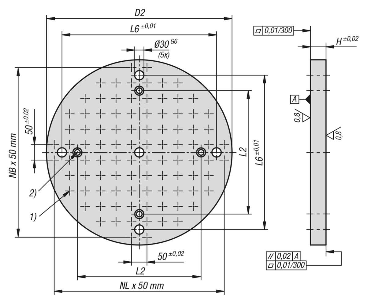 Plaques de base rondes en fonte grise avec trame modulaire