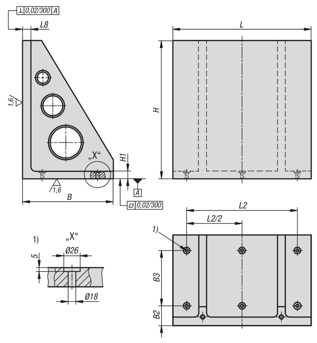 Équerres simples larges en fonte grise avec faces d'appui pré-usinées