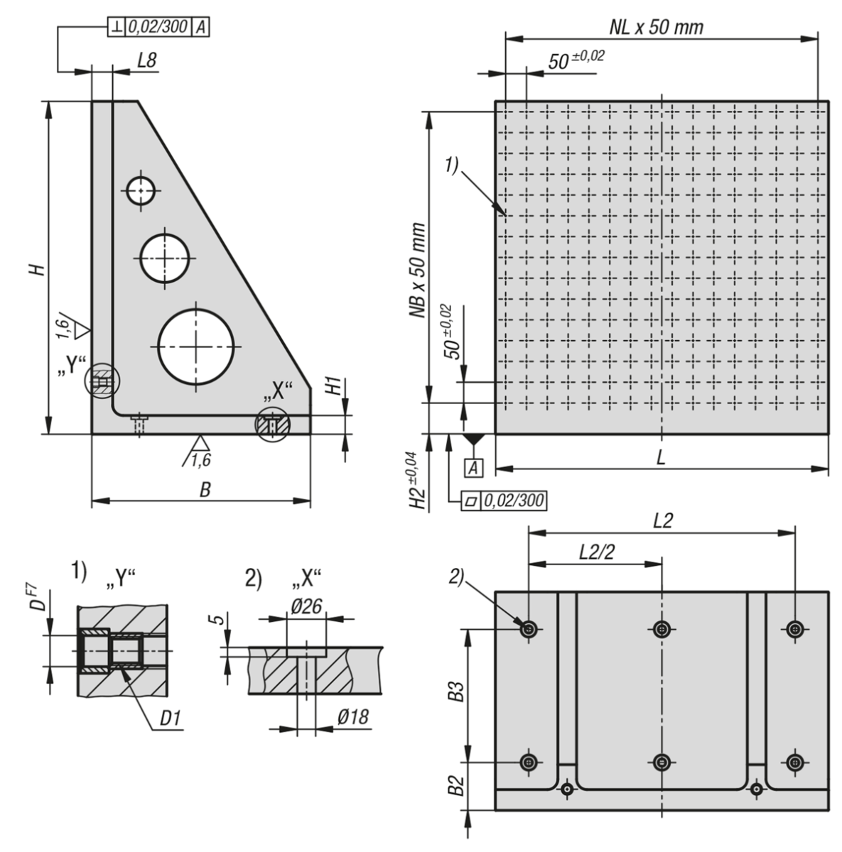 Équerres simples larges en fonte grise avec trame modulaire