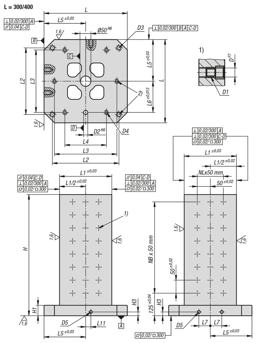 Cubes en fonte grise avec trame modulaire