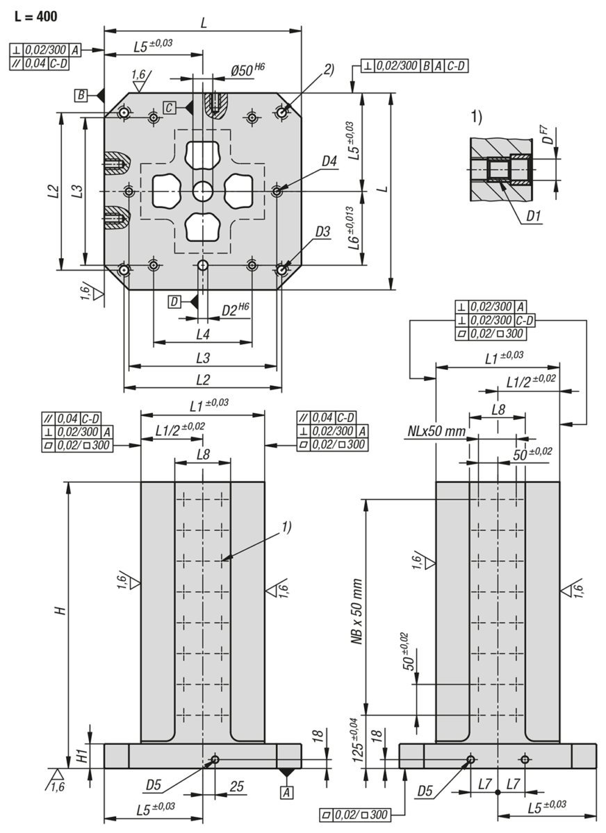 Tours de serrage en fonte grise 4 faces avec trame modulaire