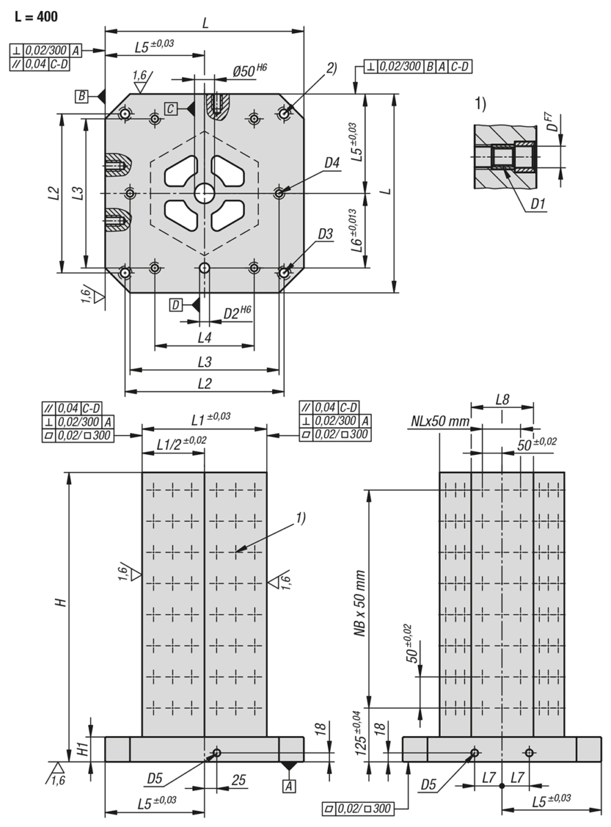 Tours de serrage en fonte grise 6 faces avec trame modulaire
