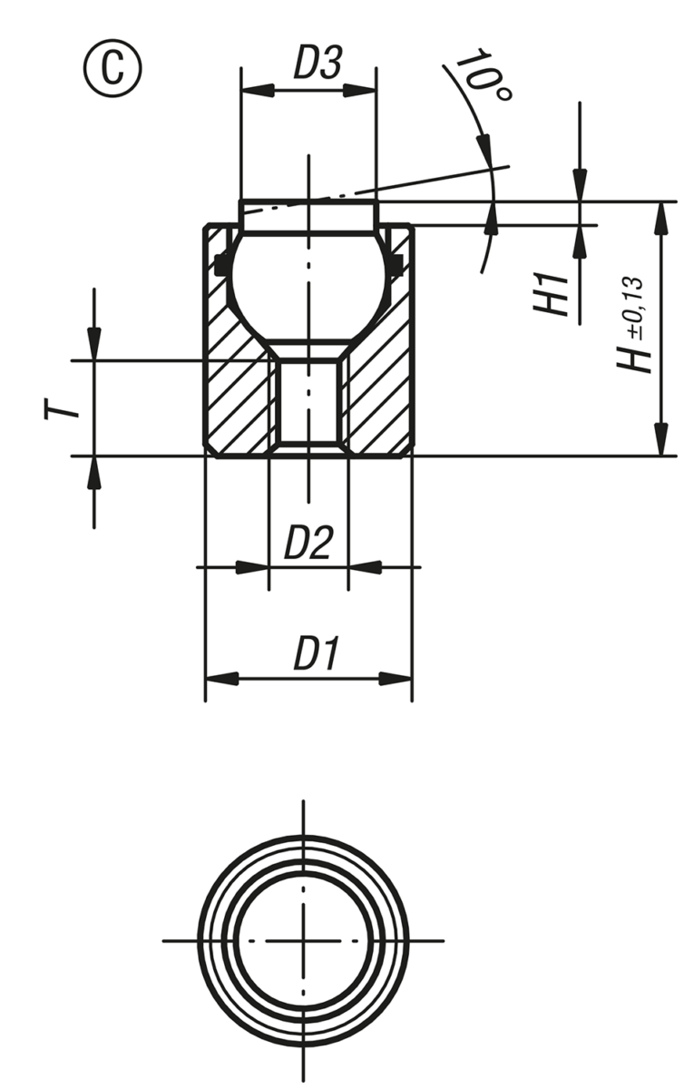 Supports à bille oscillante avec joint torique intégré, forme C, bille en acier avec plat, lisse