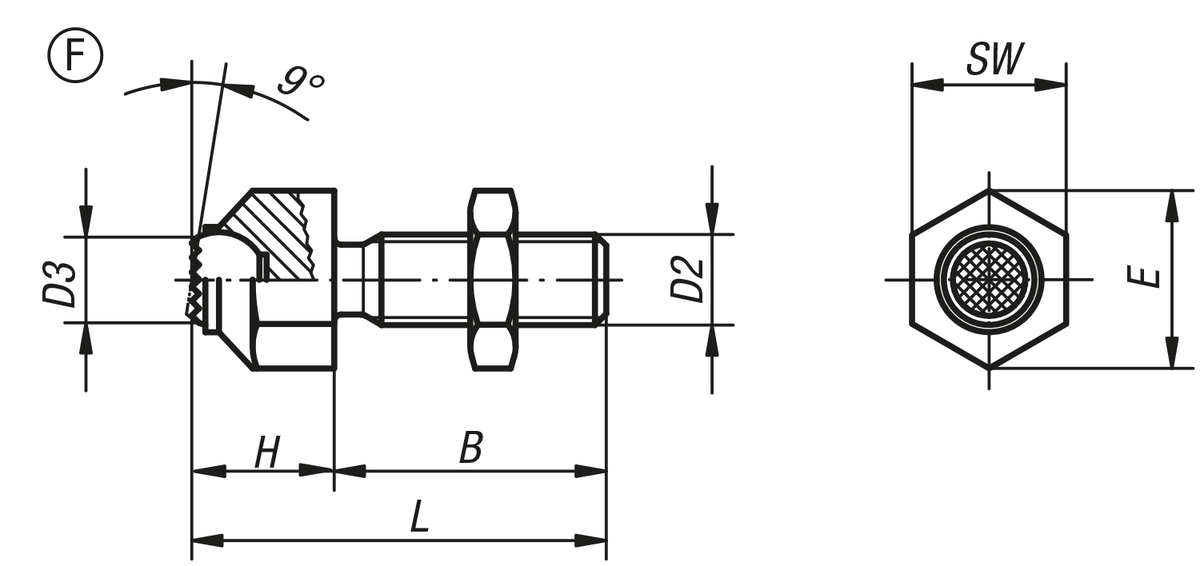 Supports à bille oscillante réglables, forme F, bille avec plat, strié