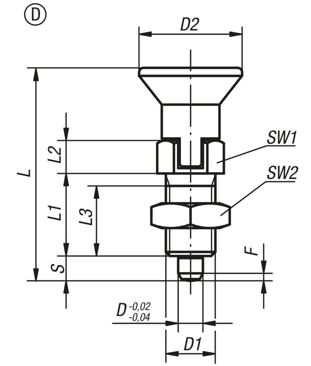 Doigt d'indexage en acier ou en inox, forme D, avec encoche d'arrêt, avec contre-écrou