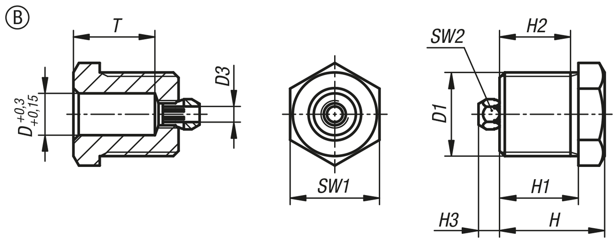 Douilles de positionnement en acier ou en inox pour capteur d'état, forme B, avec filetage et embase