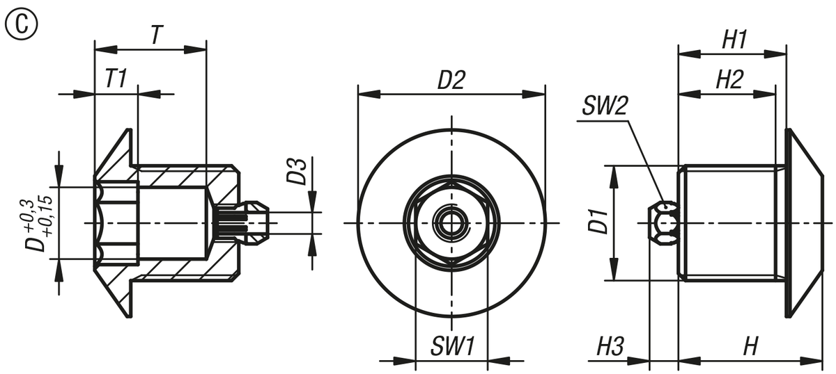 Douilles de positionnement en acier ou en inox pour capteur d'état, forme C, avec filetage et cône d'approche