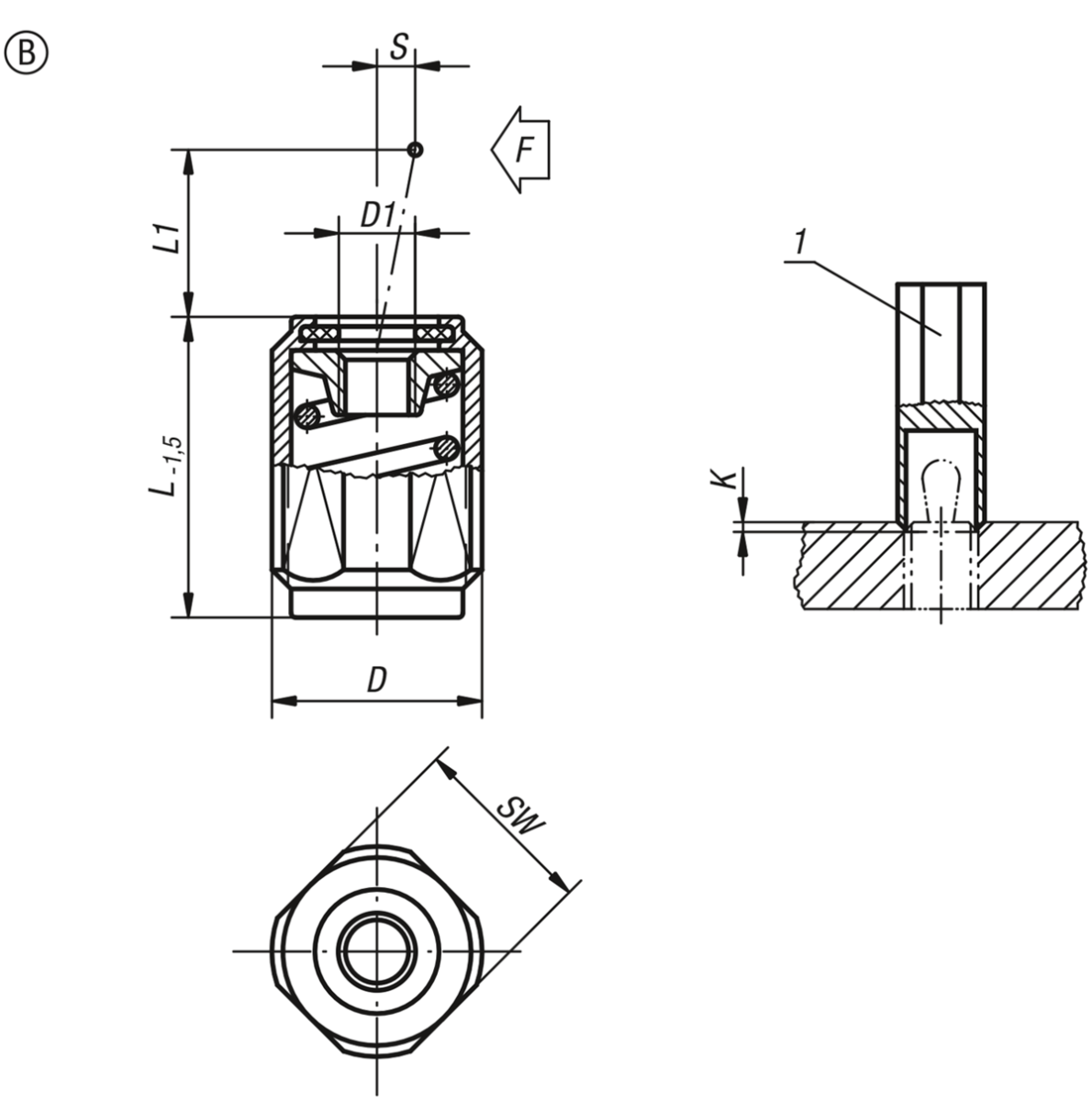 Poussoir latéral à ressort à corps fileté, sans ergot, forme B, avec joint