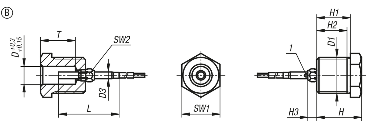 Douilles de positionnement en acier ou en inox avec capteur d'état, forme B, avec filetage et embase