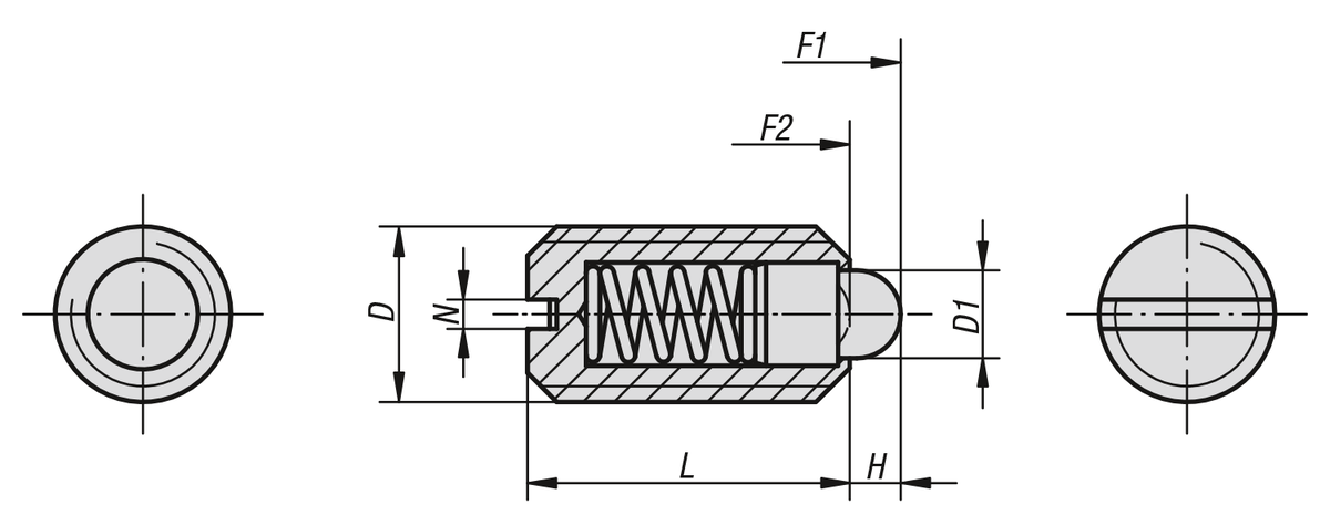 Spring plungers with slot and thrust pin, stainless steel