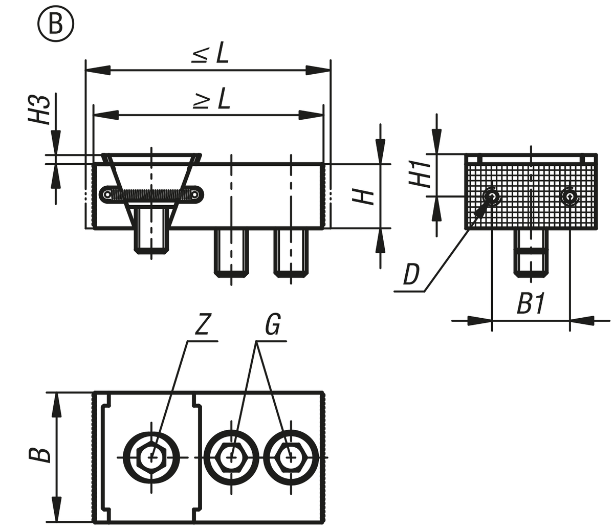 Mors de serrage à mâchoire fixe, forme B, surfaces d'appui striées