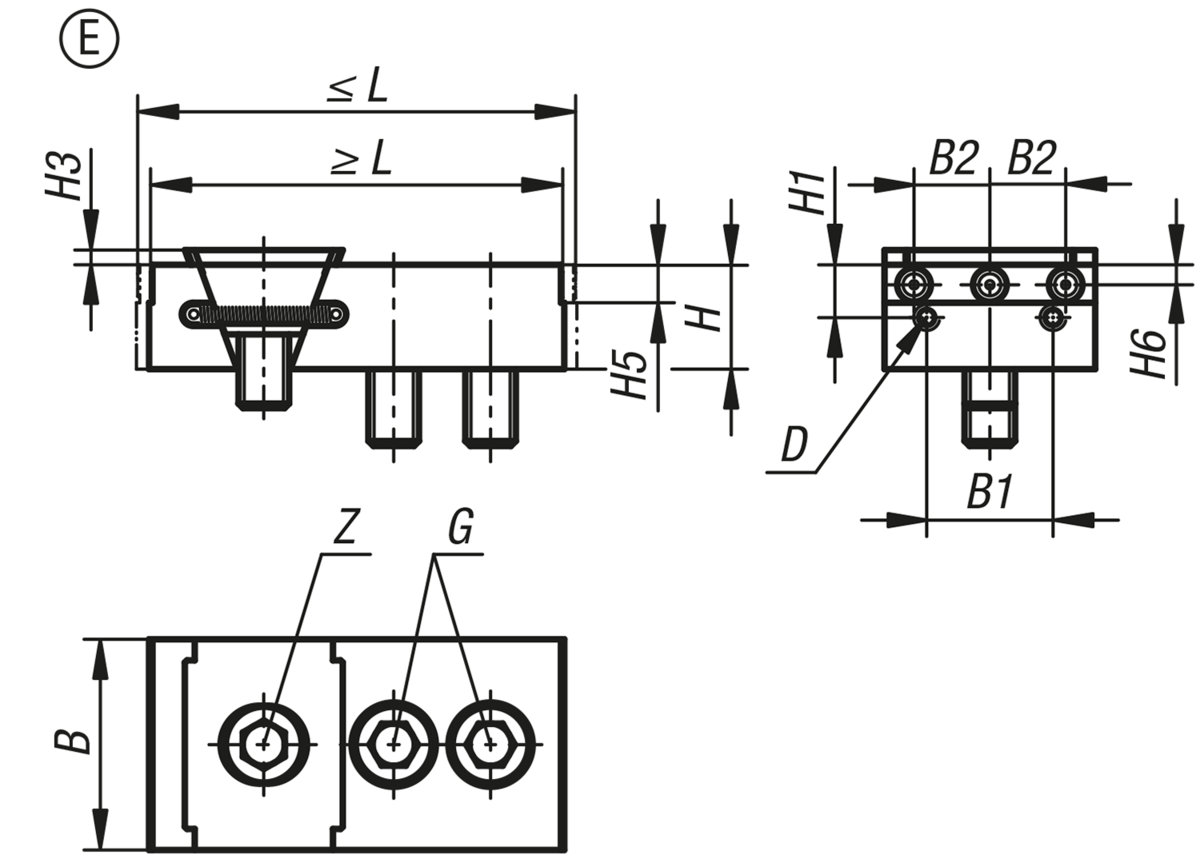 Mors de serrage à mâchoire fixe, forme E, avec pointes de serrage