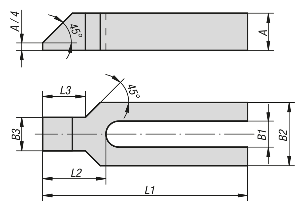 Hierros de sujeción ahorquillados con saliente, acero y aluminio