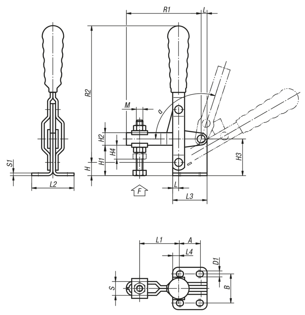 Ginocchiera di serraggio rapido verticale con piedino orizzontale