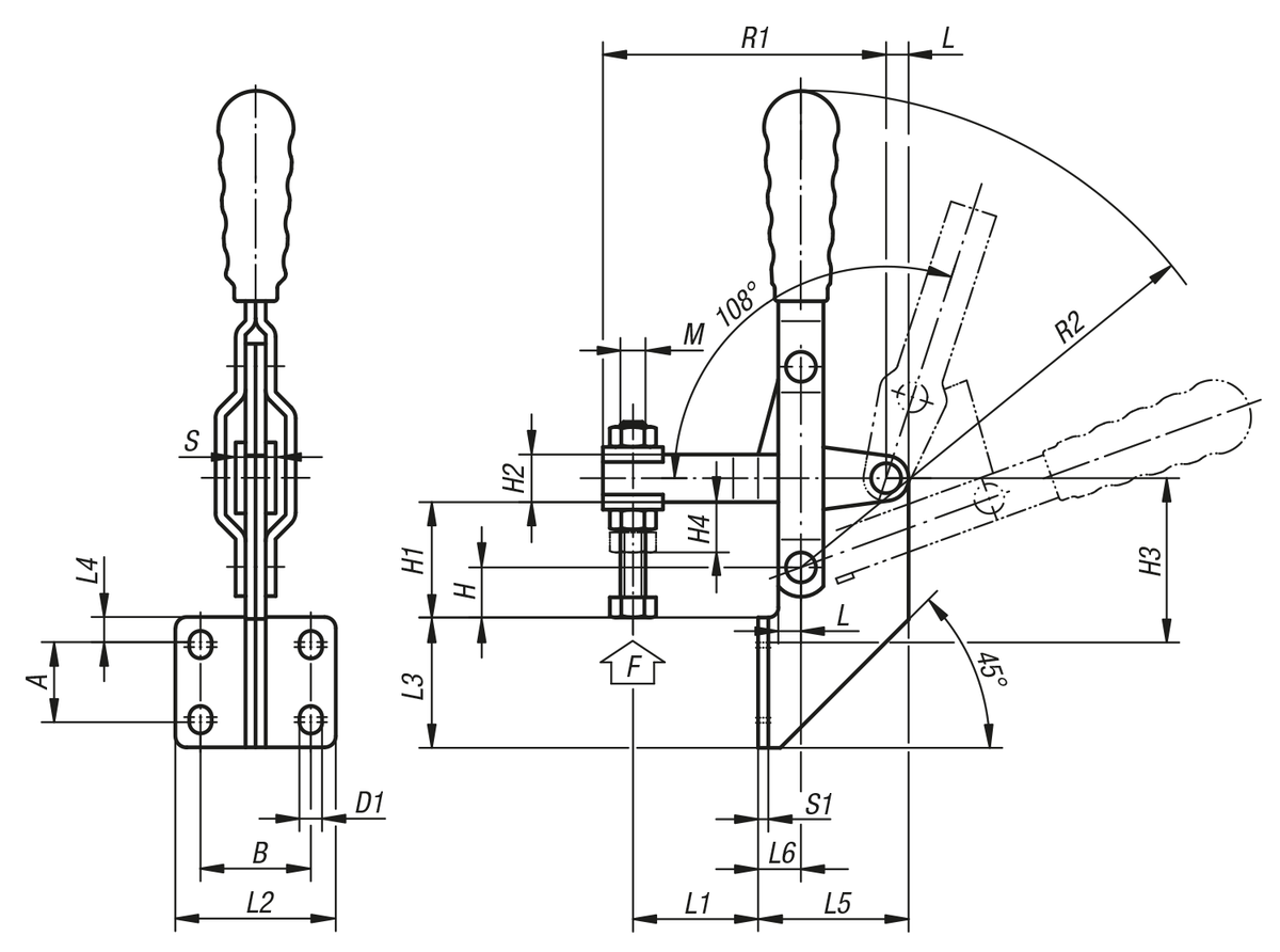 Ginocchiera di serraggio rapido verticale con piedino ad angolo