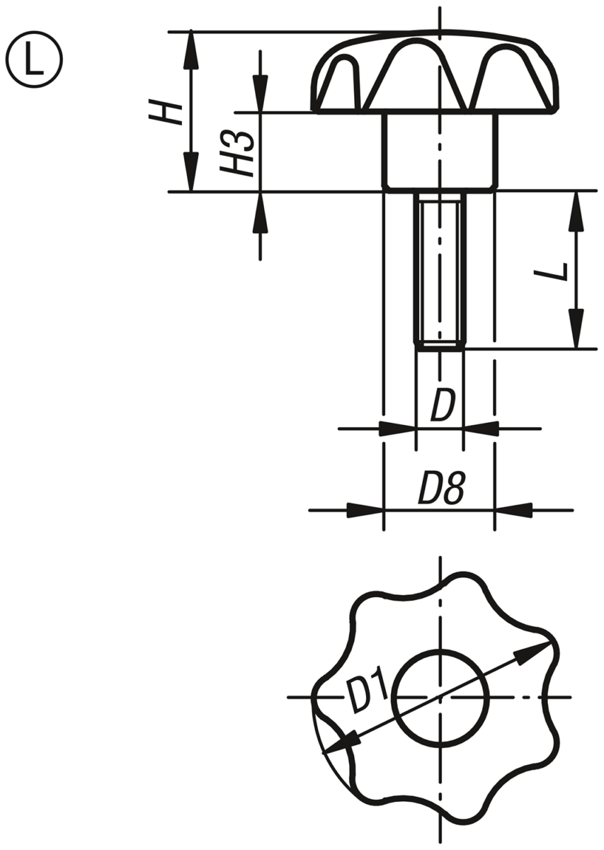 Bouton étoile similaire à DIN 6336, filetage, forme L, pouces