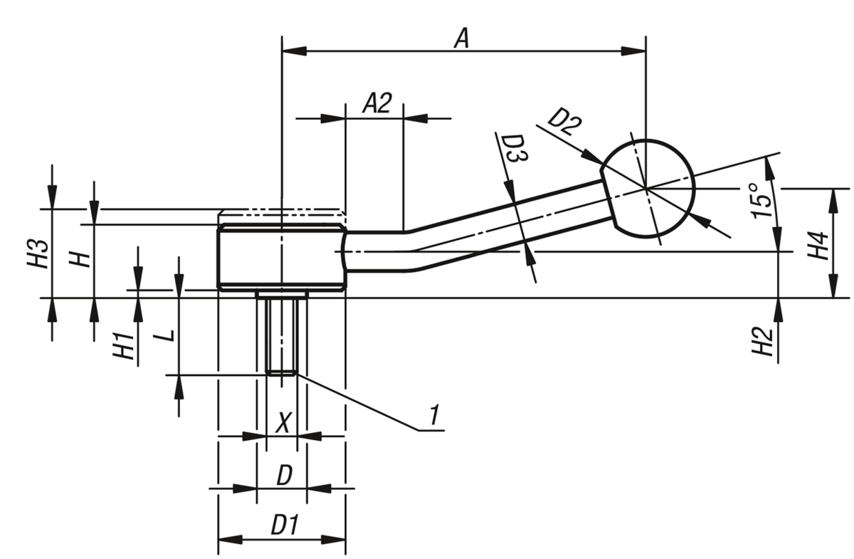 Poignée indexable basse en Inox avec vis, 15 degré