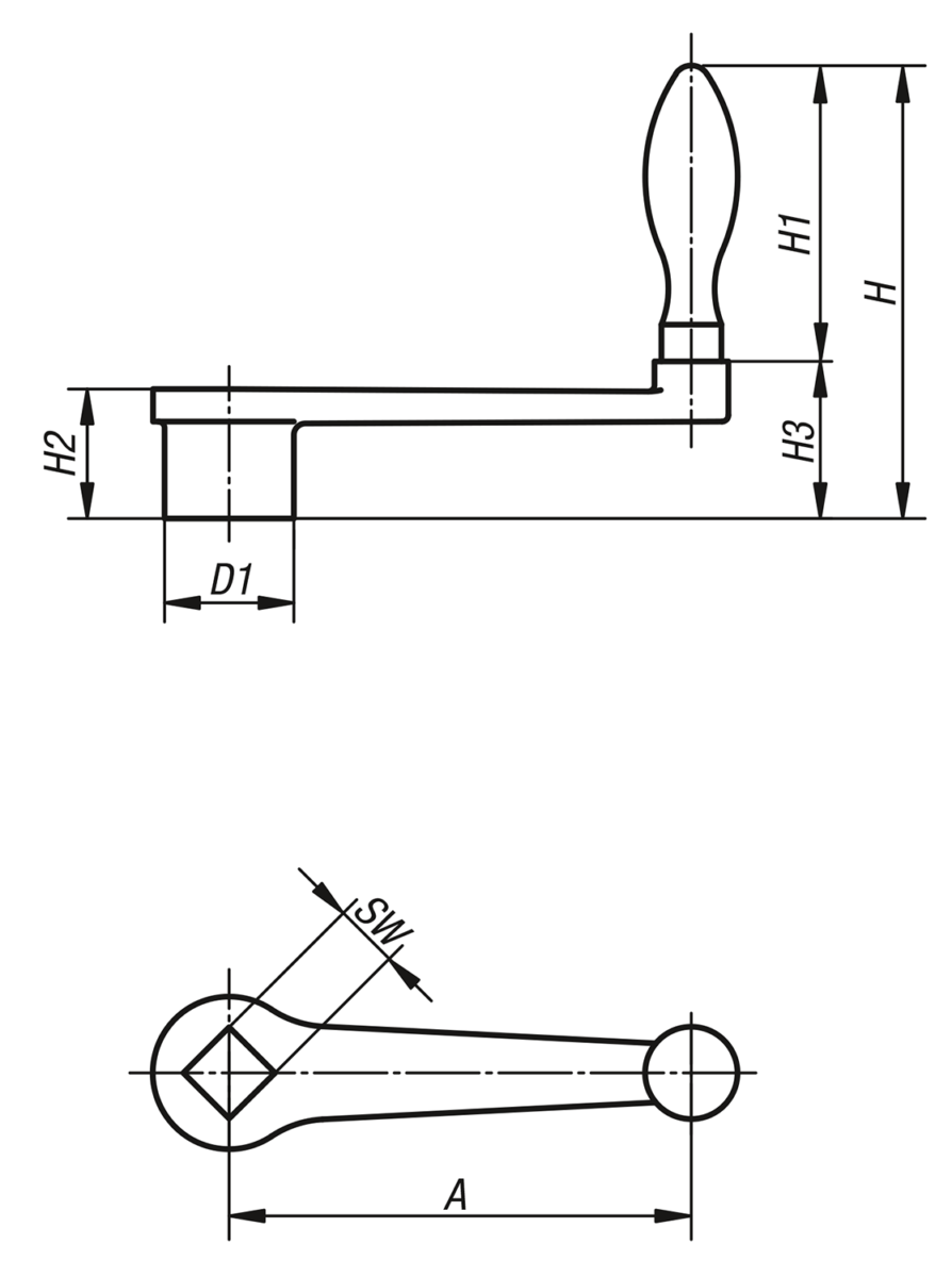 Crank handles straight similar to DIN 469, Form F, with fixed grip