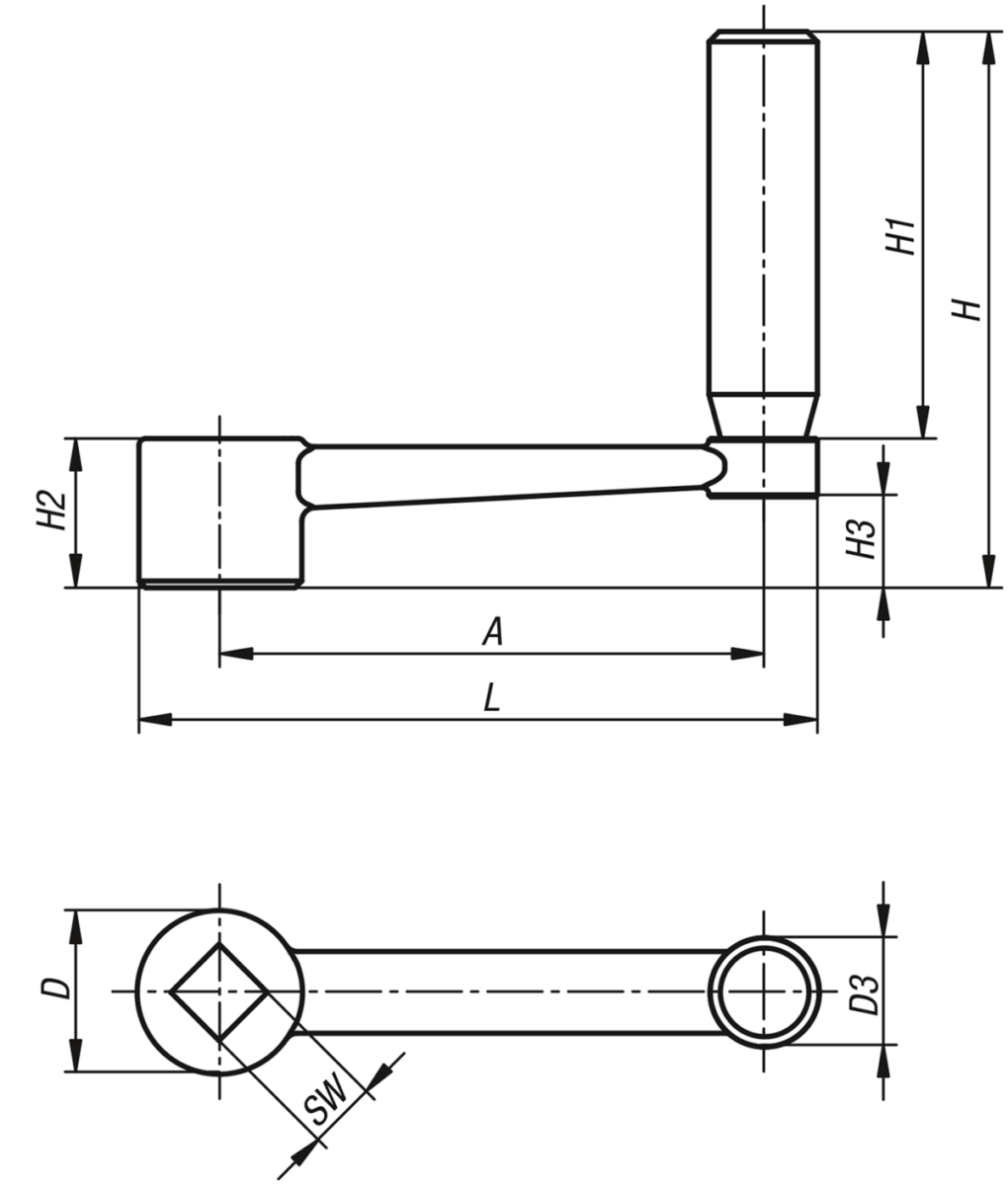 Manivelle inox avec poignée cylindrique tournante avec carré femelle