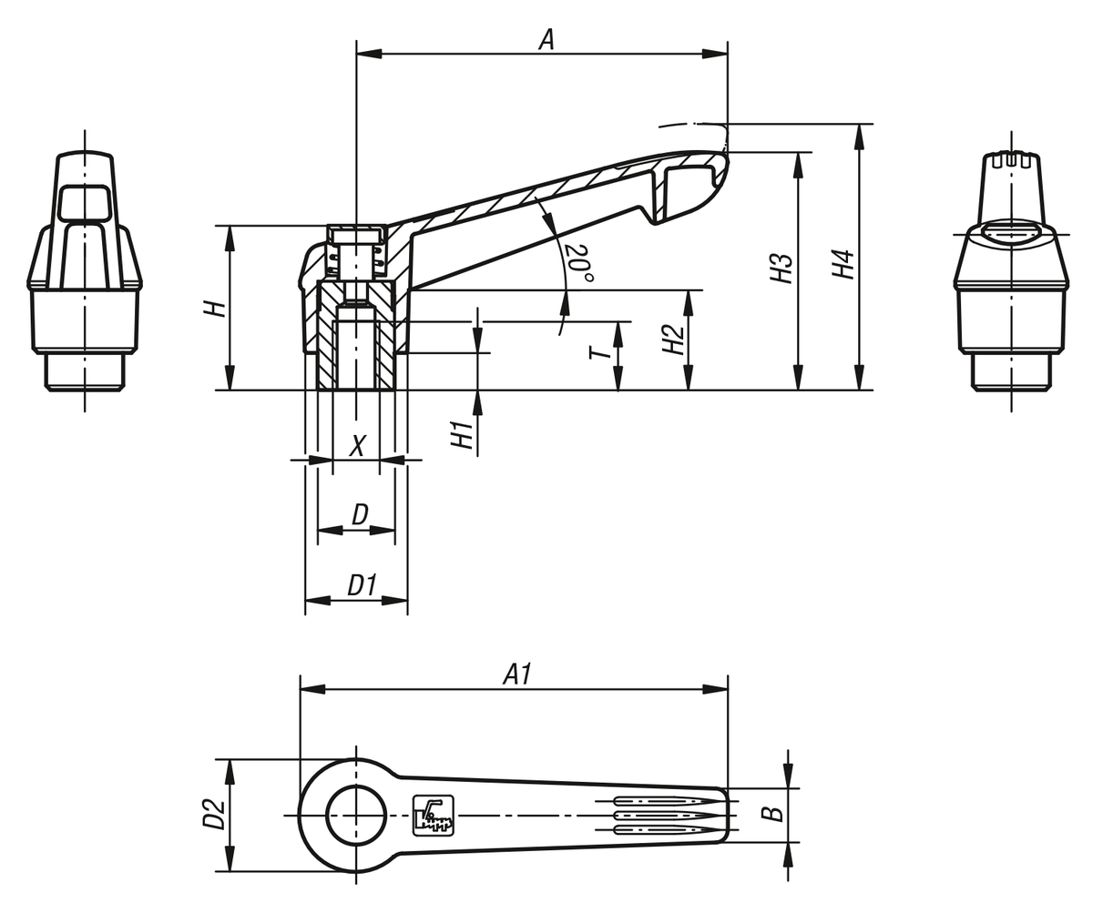 Manette indexable avec taraudage et bouton de dégagement