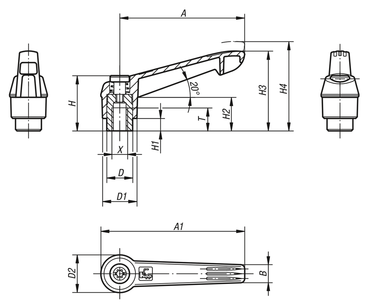 Manette indexable antistatique taraudée, poignée en plastique