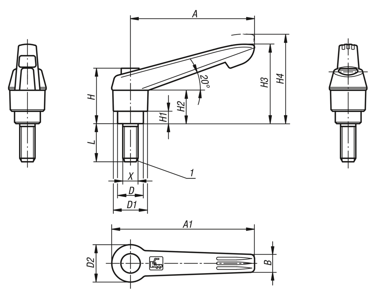 Manette indexable avec filetage et bouton de dégagement