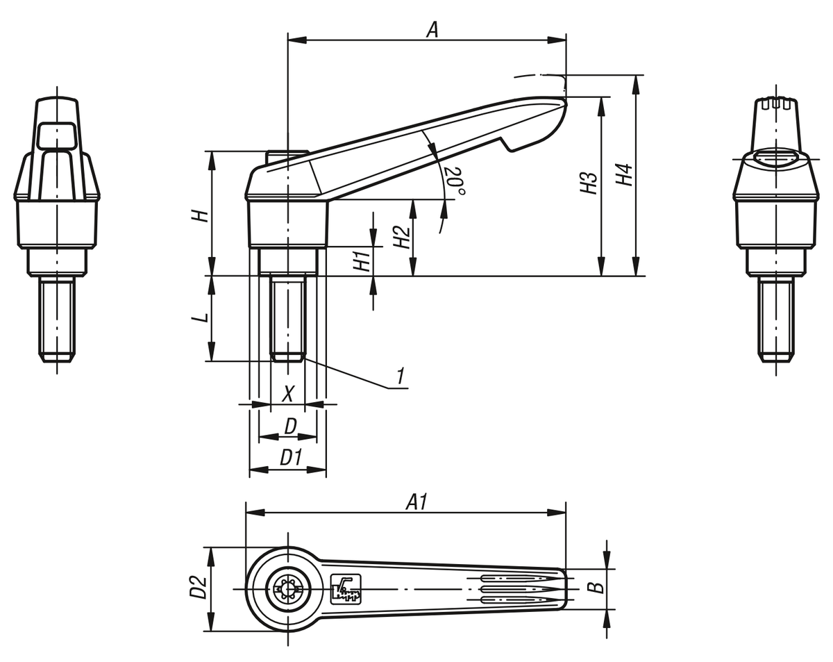 Manette indexable antistatique avec filetage et poignée en plastique