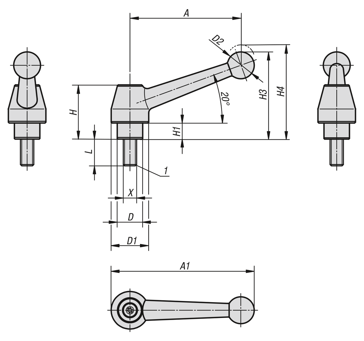 Clamping levers external thread, stainless steel, inch