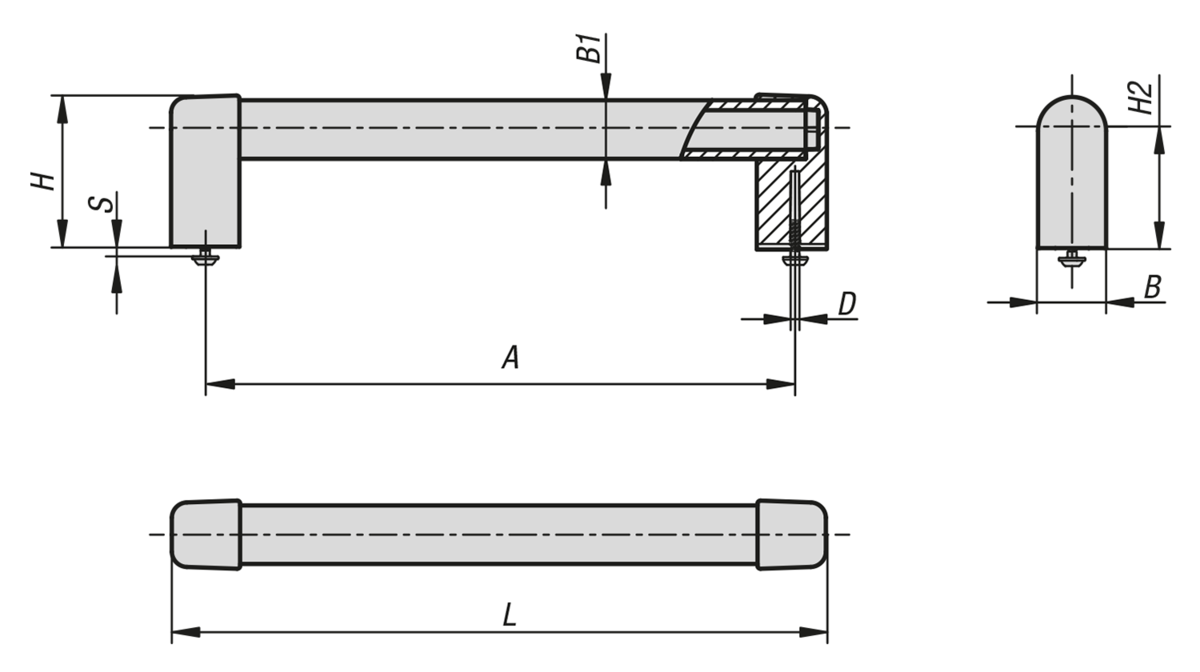 Tubular handles, aluminium or stainless steel with plastic grip legs