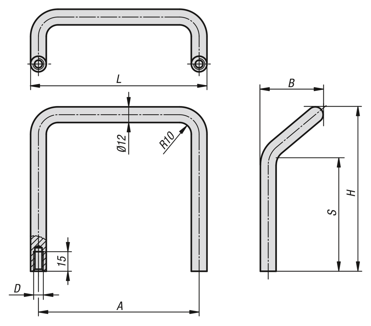 Pull handles, round steel, angled