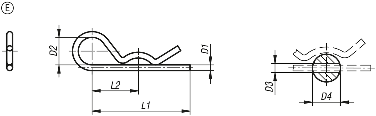 R-clips similar to DIN 11024, Form E, single coil