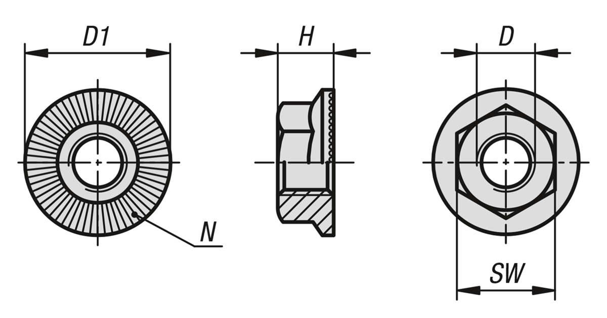Dado esagonale con flangia e zigrinatura
