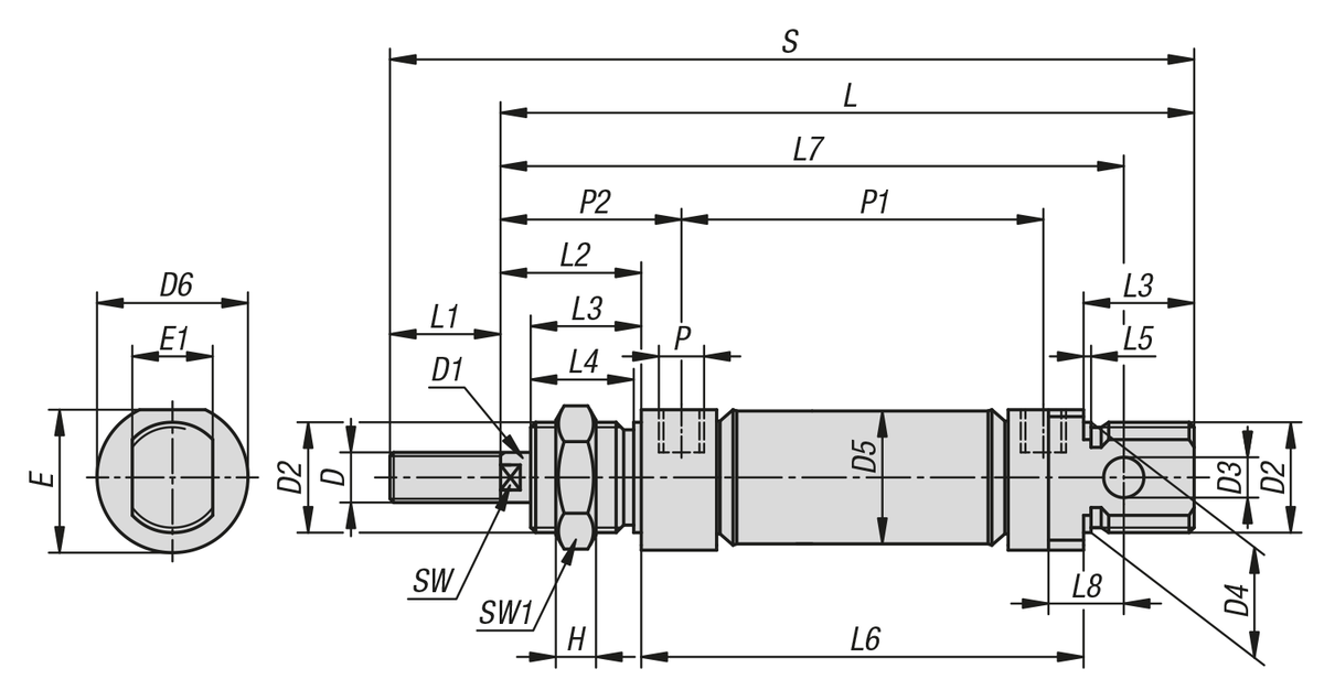 Pneumatic round cylinders DIN ISO 6432, double-acting with magnetic piston
