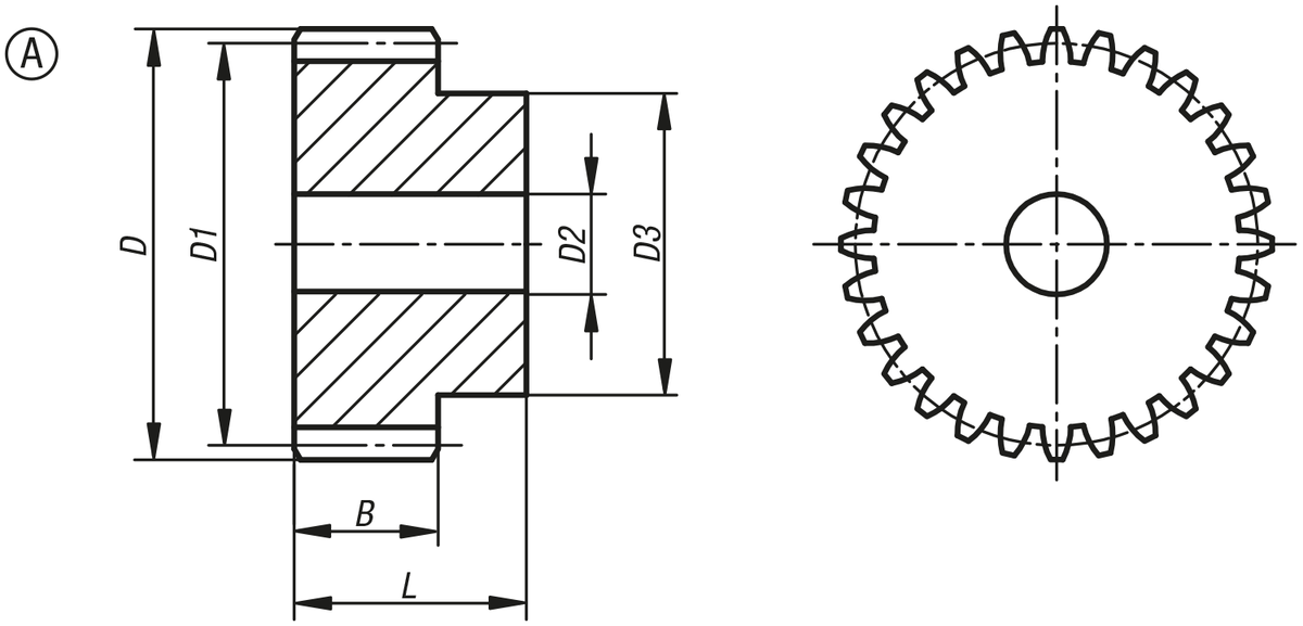Engrenage en acier, module 2, denture droite fraisée, angle de pression 20°, forme A, avec épaulement