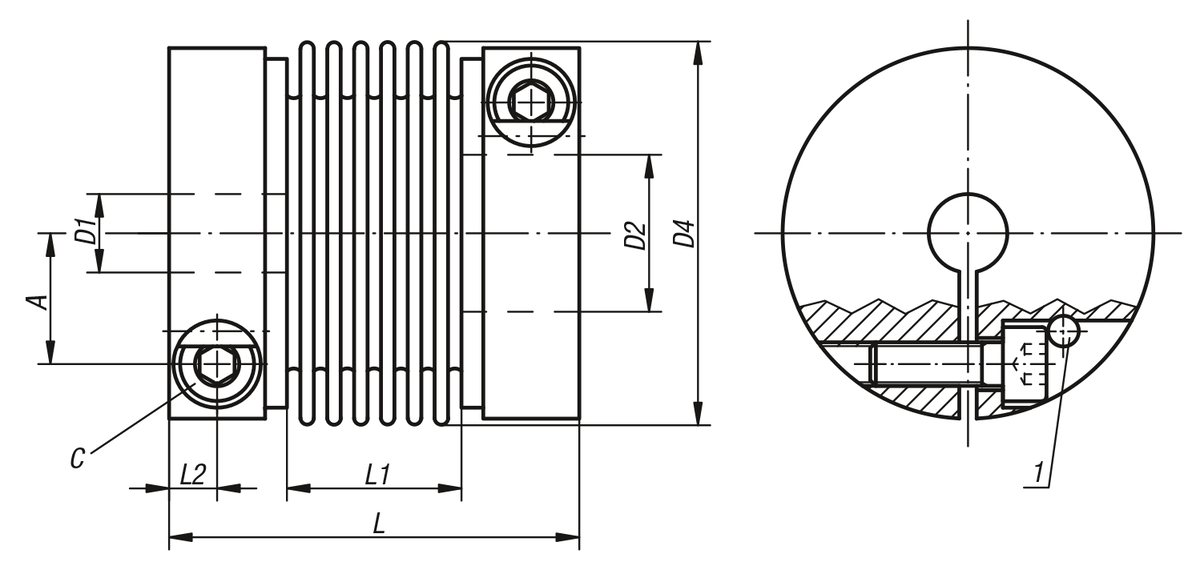 norelem Metal bellows couplings with radial clamping hub