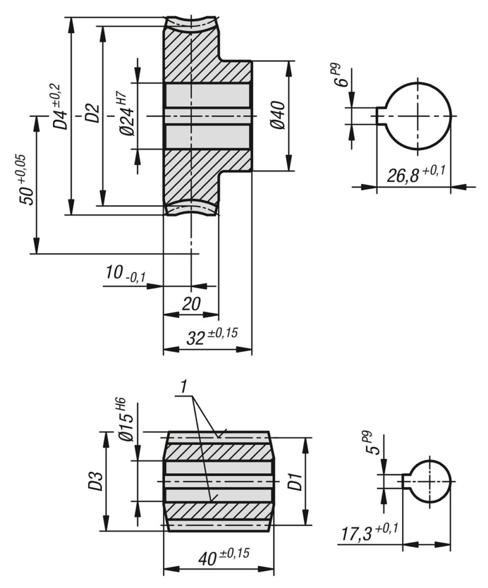 Conjuntos de rueda helicoidal de paso derecho Distancia entre ejes de 50 mm