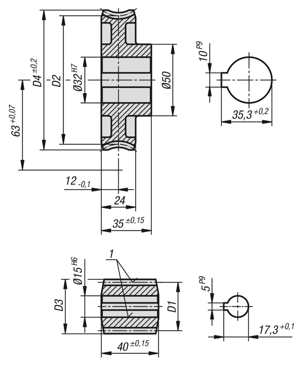 Conjuntos de rueda helicoidal de paso derecho Distancia entre ejes de 63 mm