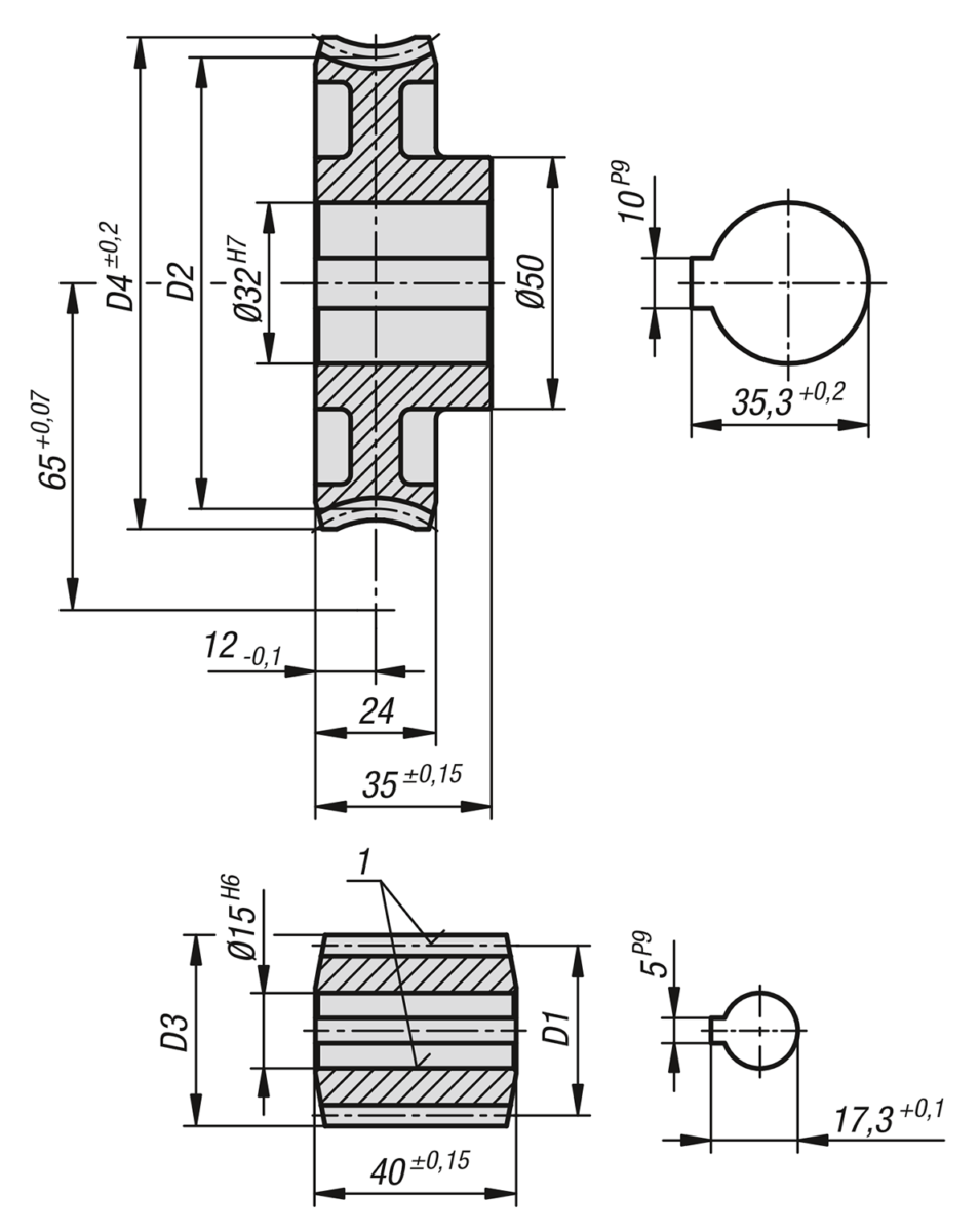 Conjuntos de rueda helicoidal de paso derecho Distancia entre ejes de 65 mm