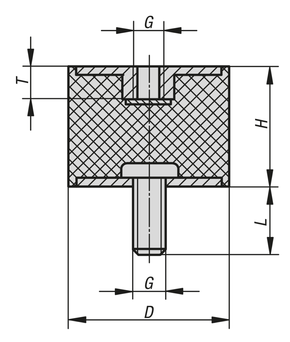 Tampon caoutchouc en acier ou inox de type B cylindrique avec taraudage et filetage