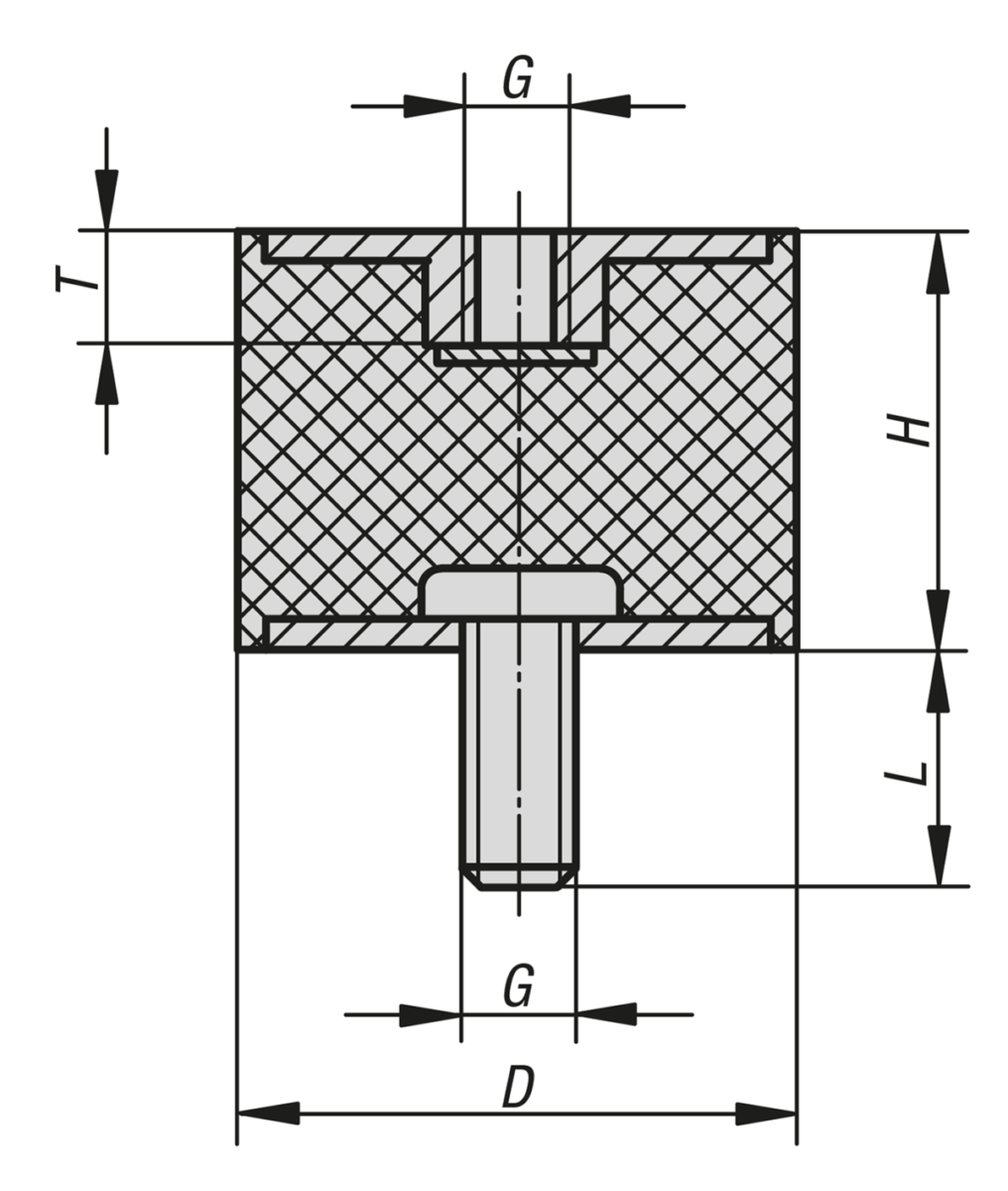 Rubber buffers steel or stainless steel type B cylindrical with external thread and internal thread