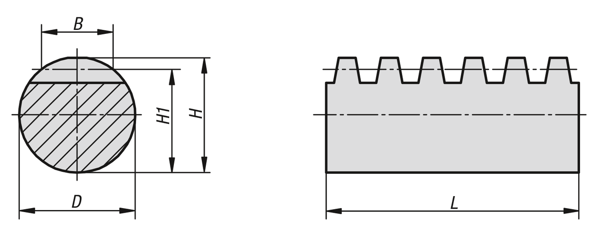 Crémaillères rondes en inox, denture droite fraisée, angle de pression 20°