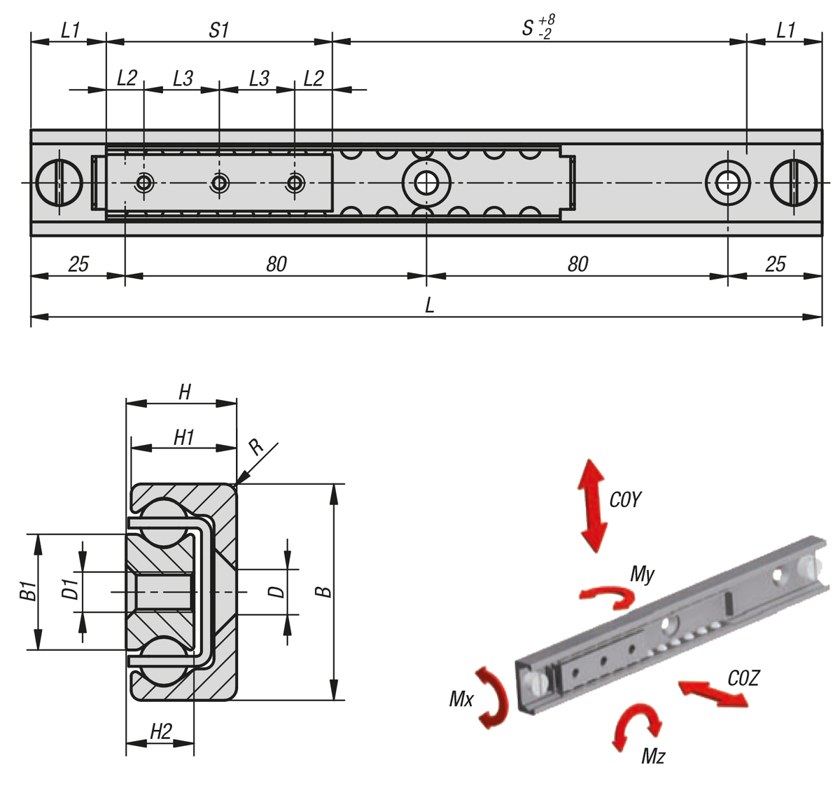 Rodamiento de bolas lineal con barras interiores, acero, capacidad de carga hasta 3.959 kg