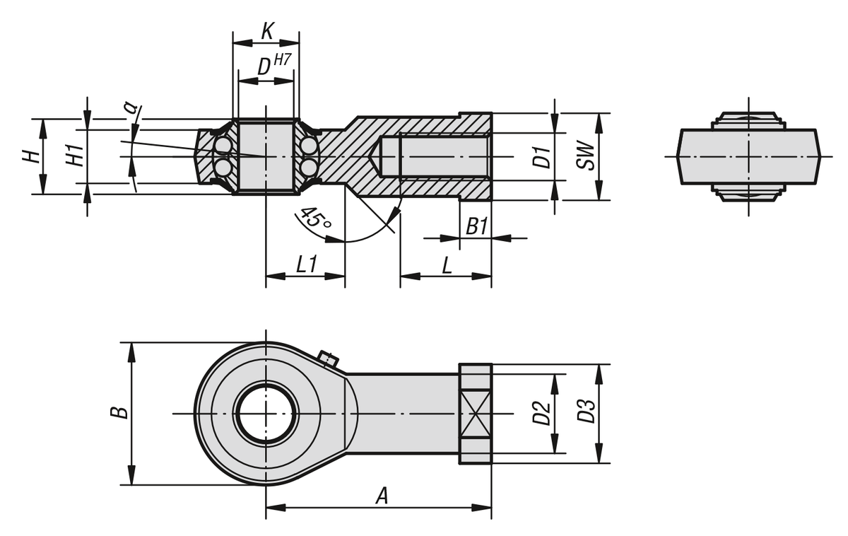 Vástagos articulados con rodamiento de bolas y rosca interior, DIN ISO 12240-4