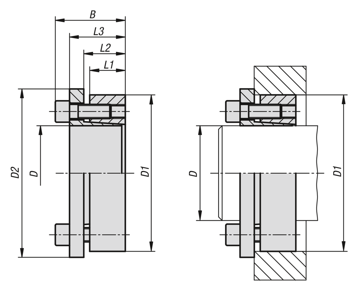 Juegos de dispositivos de sujeción, forma F forma constructiva corta con anillo axial